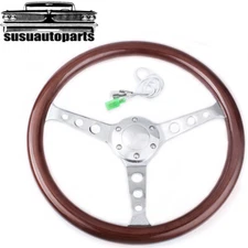 380mm 15Inch 6 Hole Chrome Dark Steering Wheel Real Wood Grip with Horn Button