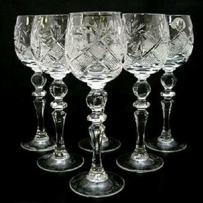 Set of 6 Russian Cut Crystal Shot Glasses 2 oz - USSR Soviet Long Stem Sherry
