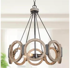 LNC Farmhouse 4-Light Gray Geometric Circle Drum Weathered Wood Chandelier