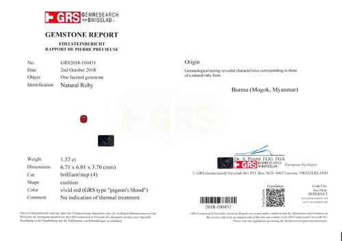 GRS Certificato MOGOK BIRMANIA Rubino 1,37 Ct. Sangue di piccione naturale non trattato raro - Foto 2 di 7