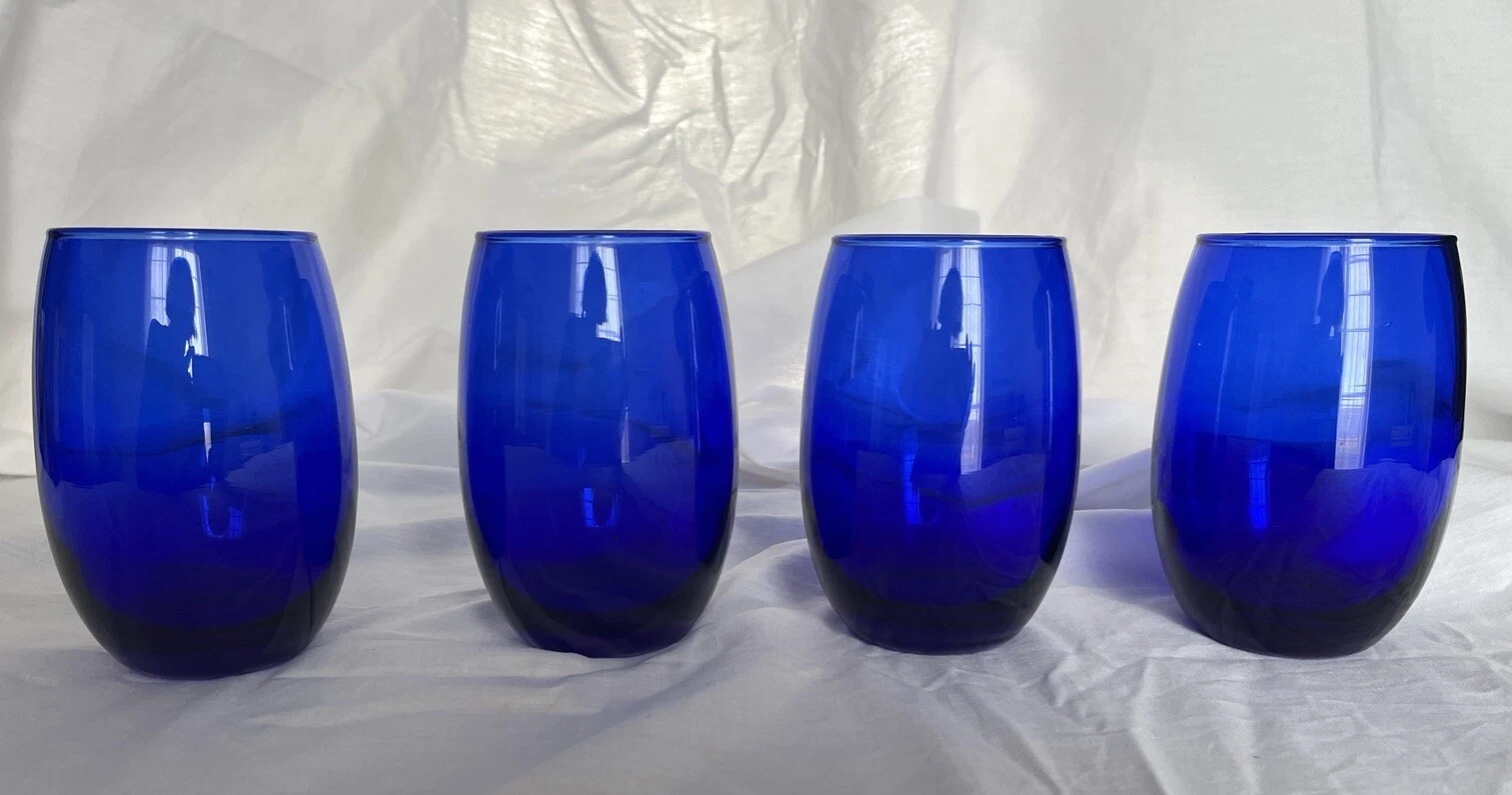 Vtg Hand Blown Cobalt Blue Stemless Water Tumblers Wine Glasses 15 oz Set of 4