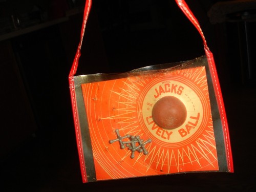 old 1940 vintage toy carry purse metal Jacks & Lively rubber Ball game set doll - Picture 10 of 11