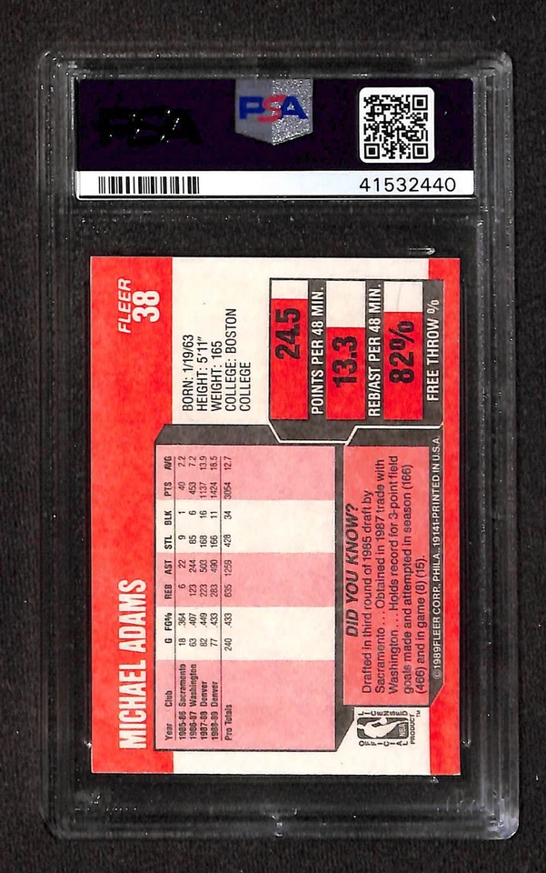 1989 Fleer #38 MICHAEL ADAMS PSA 9 Mint 41532440 - Image 2 of 3