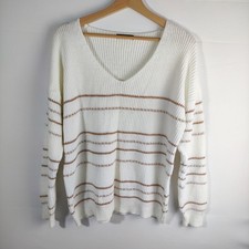 Shein Strickpullover weiß gold gestreift V-Ausschnitt lockere Passform Größe EUR L