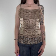 Y2K vintage bustier boned top satin lace trim beaded ruched fairy light brown