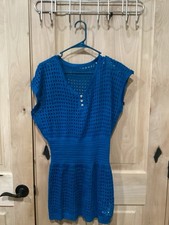 CUPSHE Women Crochet Swim Cover Up Short Sleeve V Neck Blue Size Medium