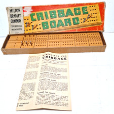 Vintage 1960s Milton Bradley Wooden Cribbage Board with 6 Metal Pegs 4626-A Box