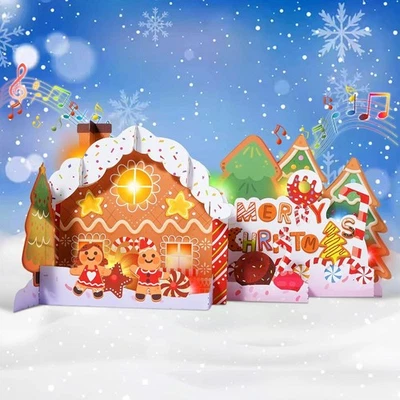 WUJUN 3D Merry Christmas Gingerbread House Pop Up Card With Flashing Lights & Music