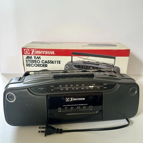 Emerson AC2411T Portable Boombox AM/FM Stereo Cassette Recorder Tested & Works