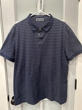Charles Tyrwhitt Polo Shirt Mens Large Navy Blue White Striped Cotton Stretch