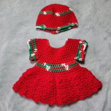 Handmade Crochet Baby Christmas Dress Hat Set Red Green White 0-3 Months NEW
