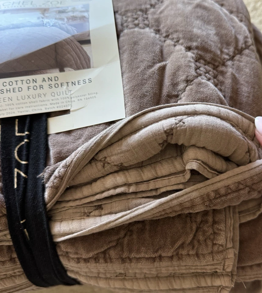 Cobertor de veludo 100% algodão Rachel Zoe novo com etiquetas acolchoado marrom mocha colcha de luxo - Imagem 4 de 4