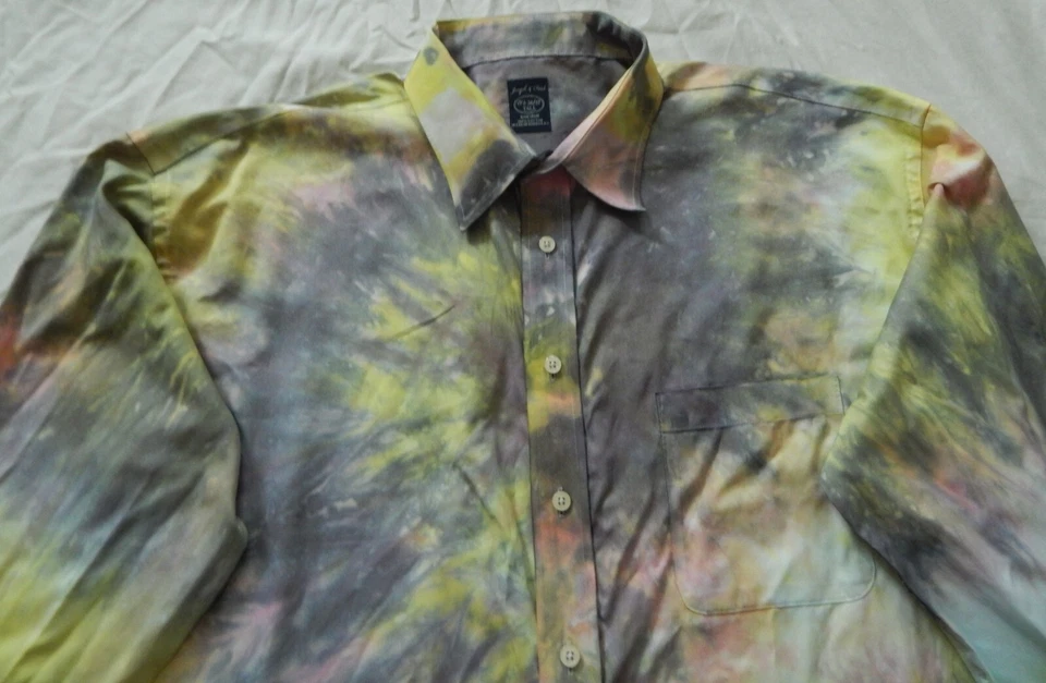Tie Dye Yellow Black Long Sleeve Button Up Shirt - 2XLT Mens Hand Made XXL Tall - Image 4 of 4