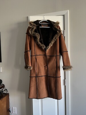 Donna Salyers Fabulous Furs Faux Suede Shearling Warm Brown Knee Length Coat