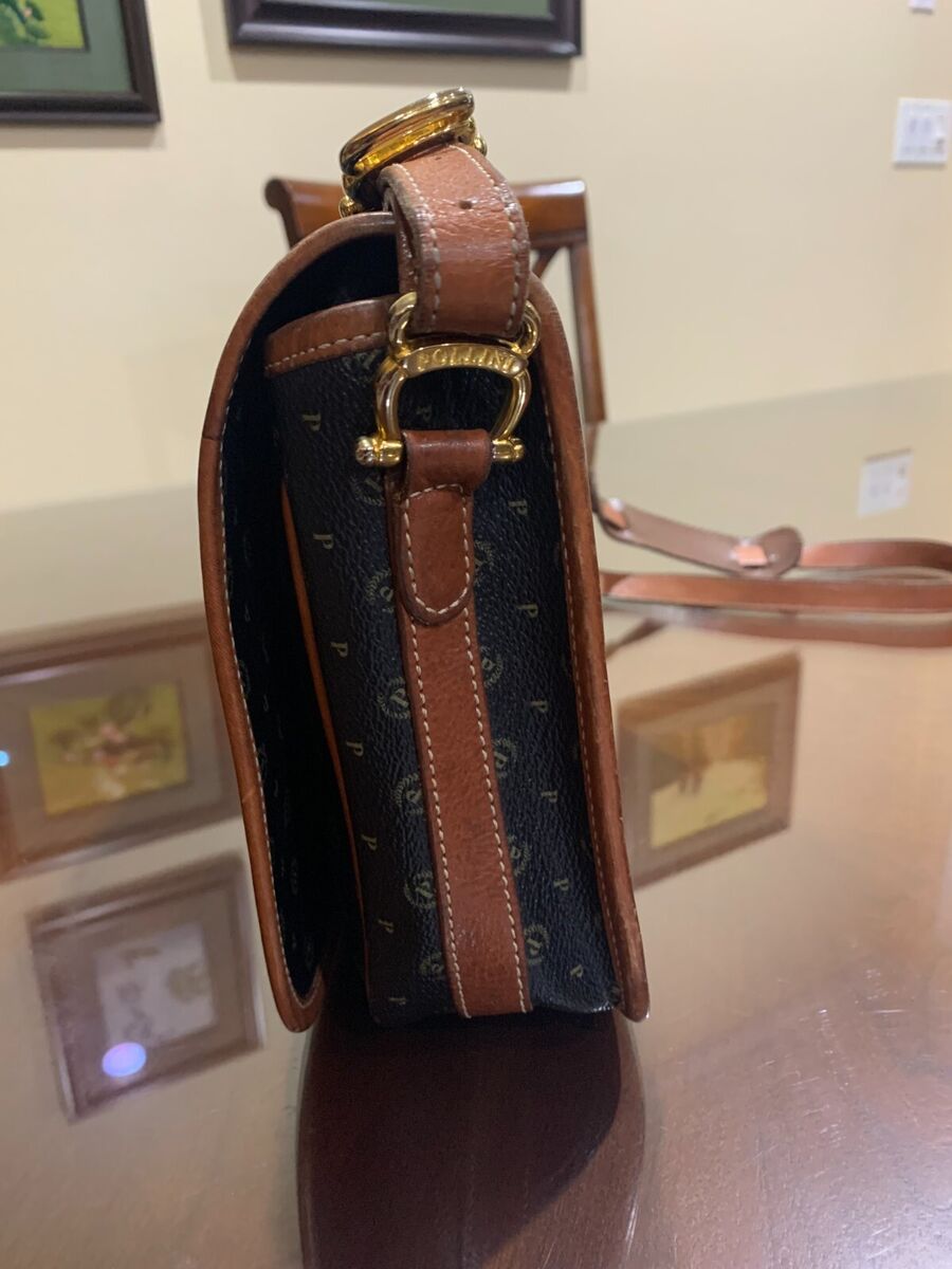 Pollini Logo Vintage Black Brown Monogrammed Leather Pollini Logo Vintage Black Brown Monogrammed Leather