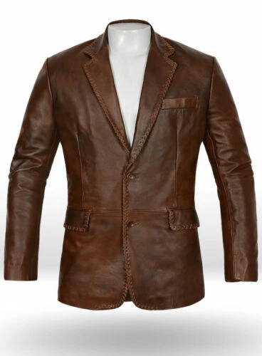 Men's Genuine Brown Lambskin Soft Leather Blazer 2 Button Luxury Coat Blazer