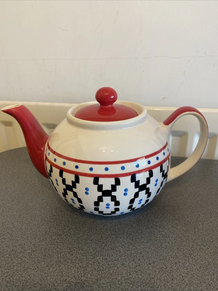 Whittard Of Chelsea Teacup Saucer Teapot Set Tea For Two Red Black White - Image 2 of 4