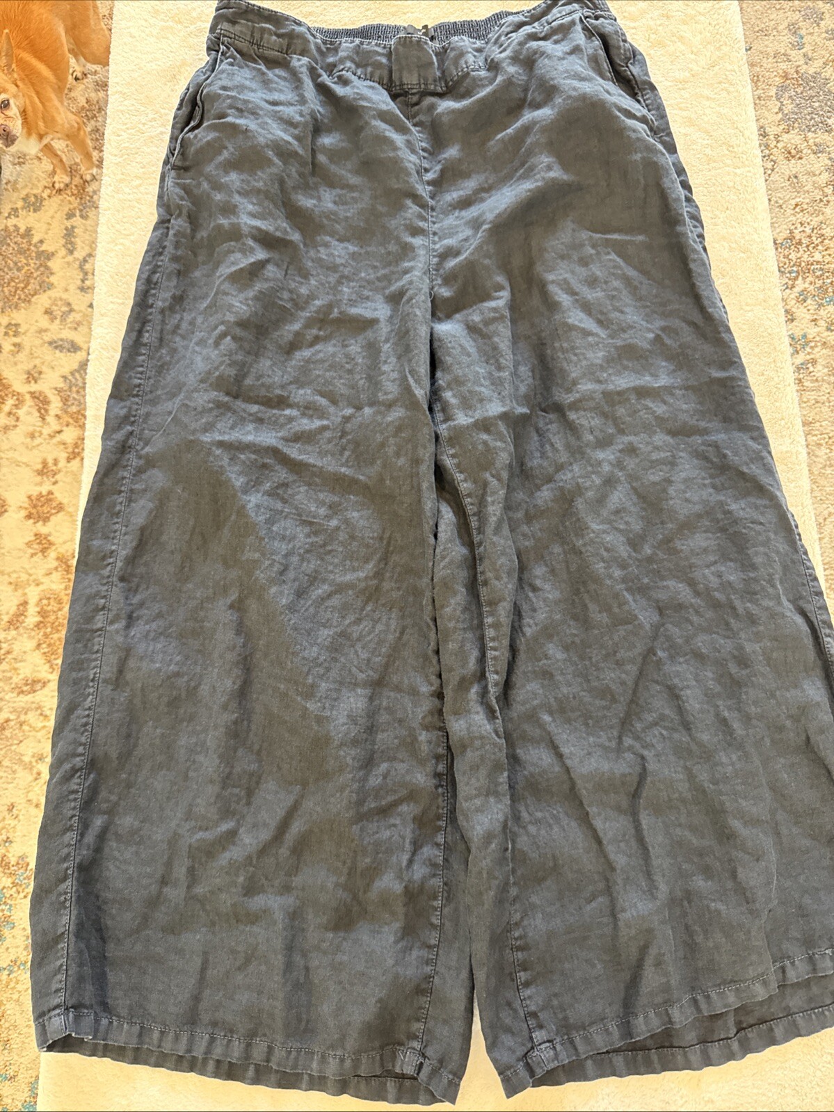 Tahari Black 100% Linen Pocketed Wide Leg Capri Size XL