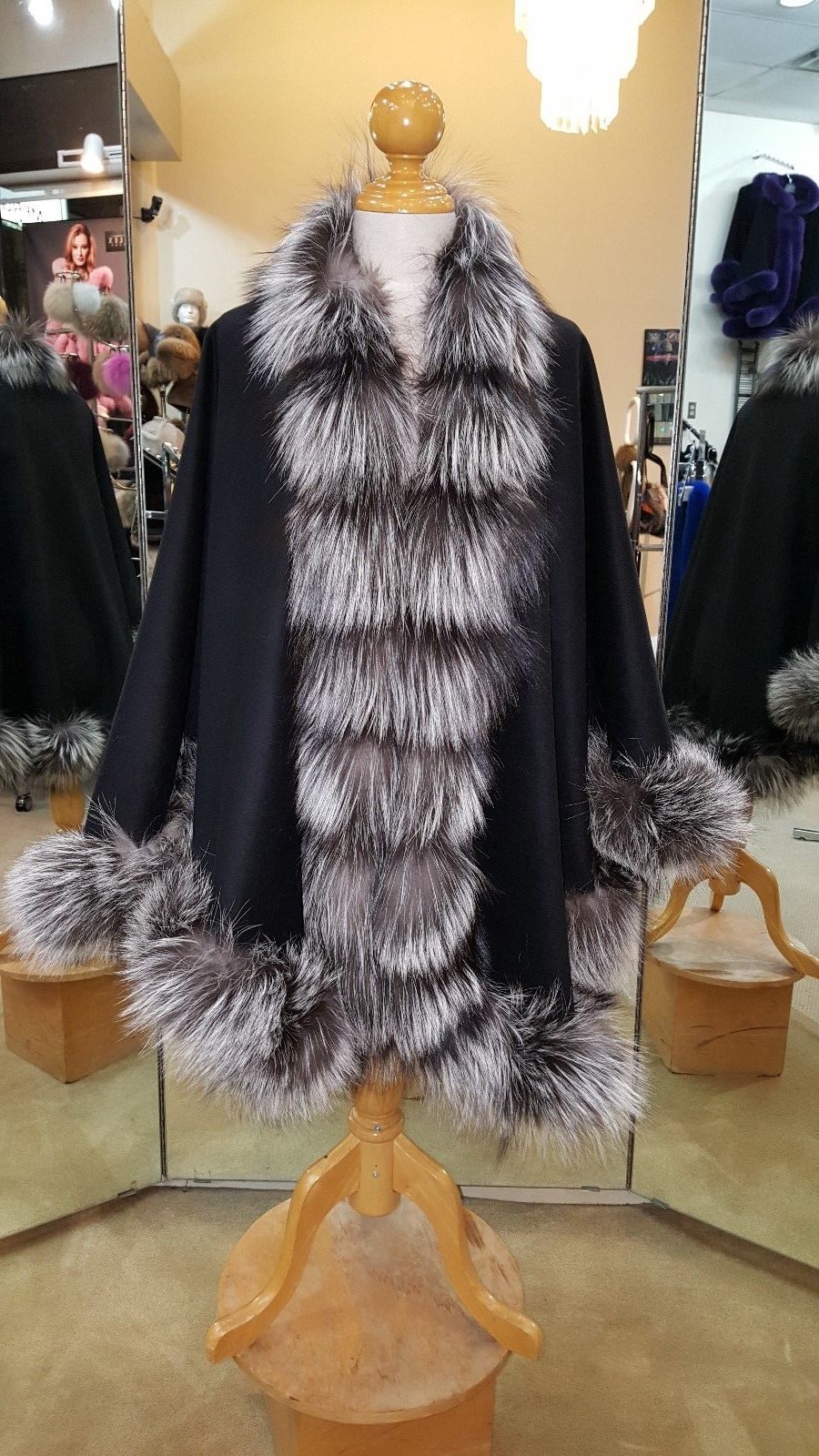Black Cashmere Cape With Silver Fox Fur Trim Beautifully Canadian Label