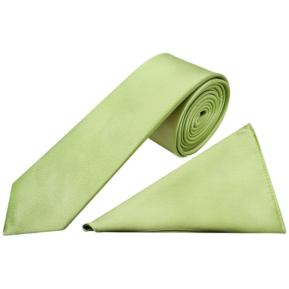 Plain Light Sage Satin Skinny Mens Tie and Pocket Square Set Wedding Slim Thin