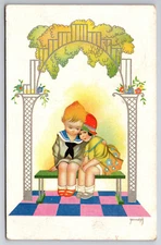 C1930 Artist Signed Childrens Deco Style Postcard, Girl & Boy Under Arch