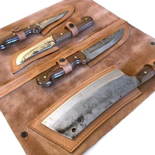 OHIY Butcher Knives 4 Piece Hand Forged Knife and Cleaver Set w Leather Sheath