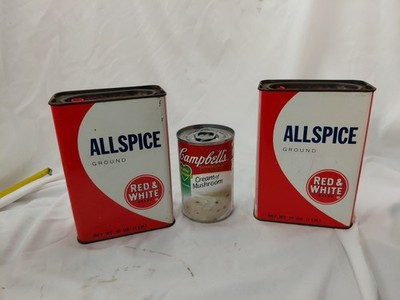 Two Vintage  Red & White Brand Ground Allspice Tin Box Institutional Size 16 Oz