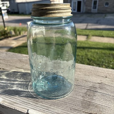 Atlas Half Gallon Canning Jar Lots Of Bubbles Visible In Light Blue Glass Lid In