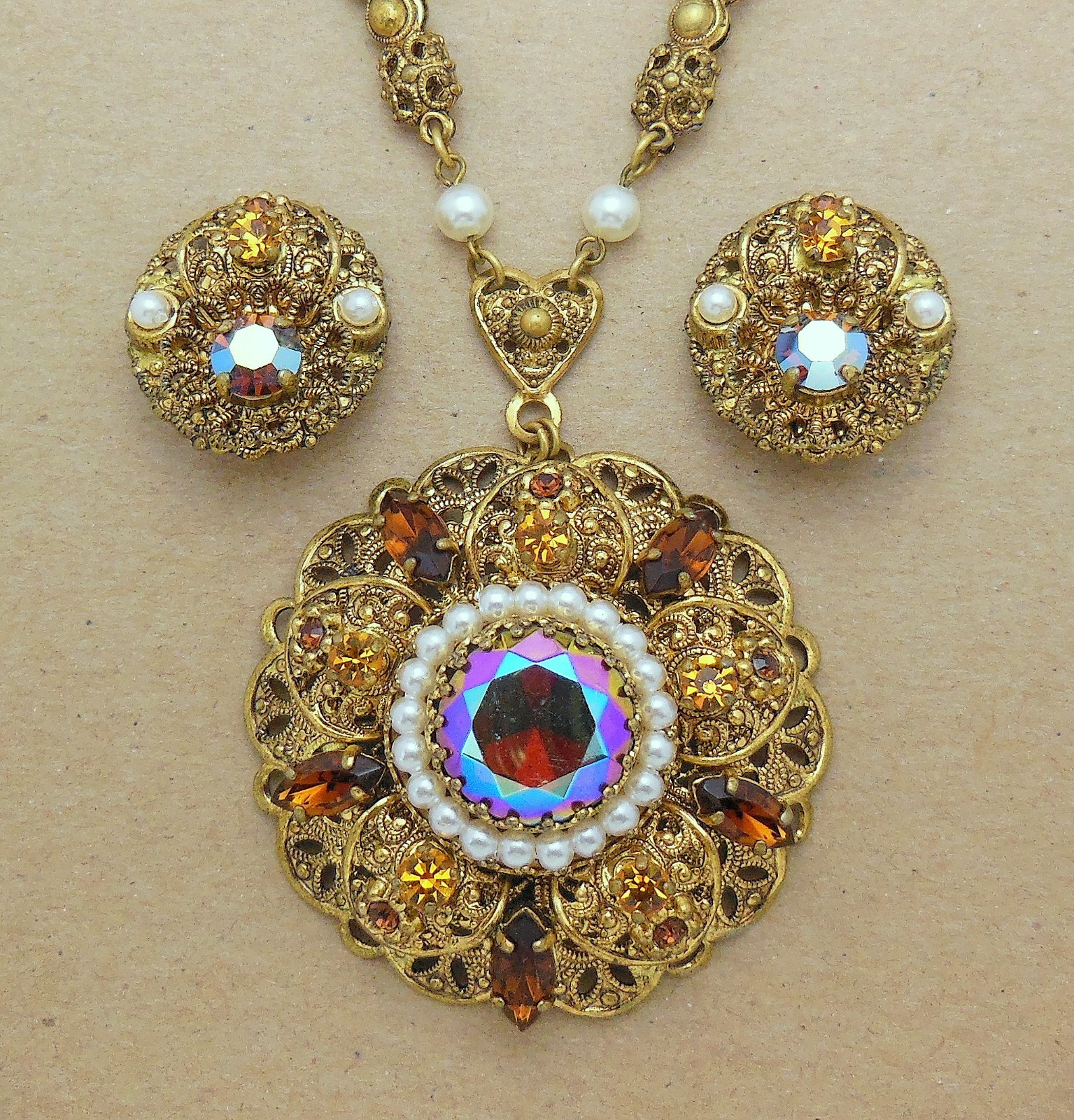 Vintage WESTERN GERMANY Red AB RS Faux Pearl Filigree Necklace & Earring SET
