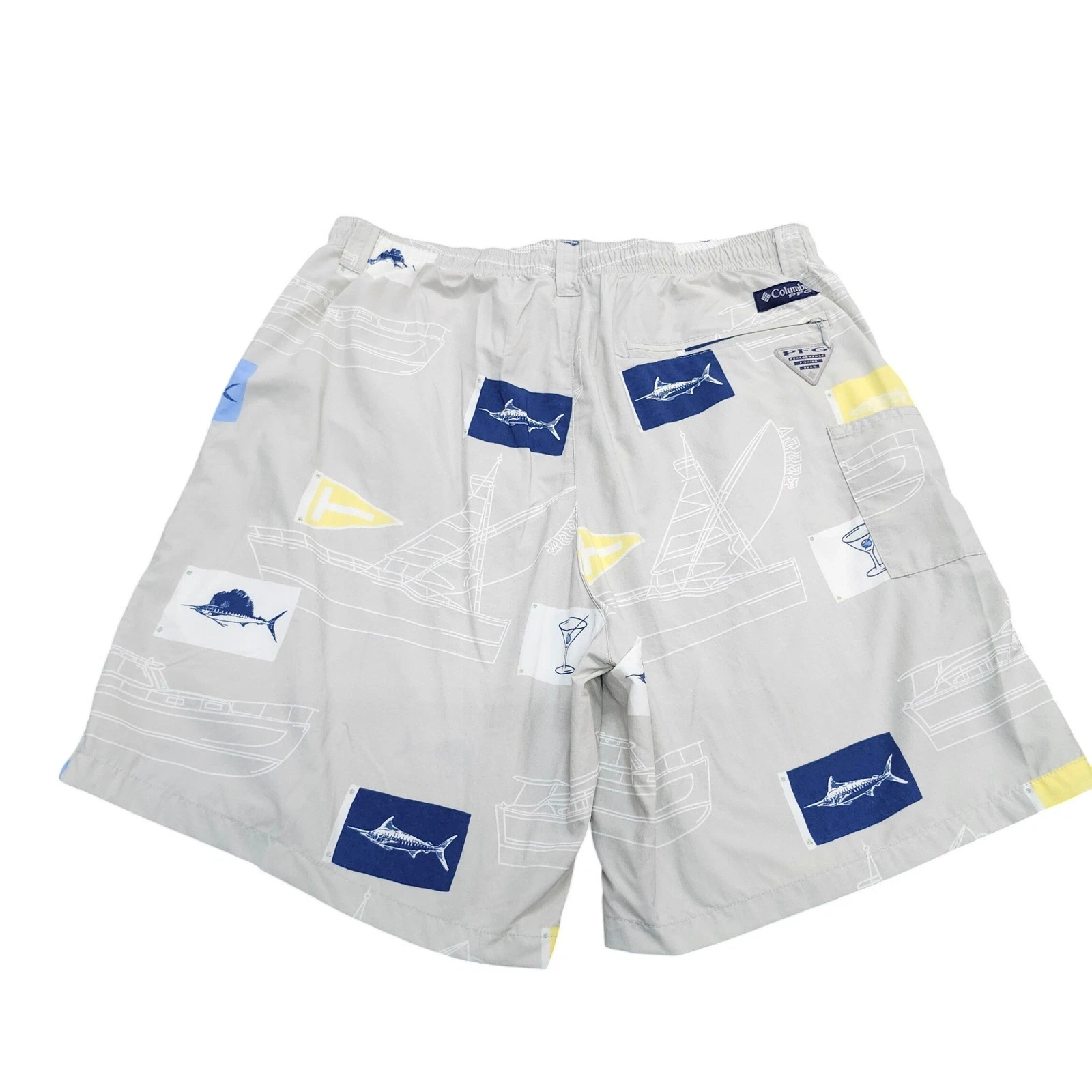 Columbia PFG Mens Grey Nautical Fish Print Omni-Shade Shorts Size M 8 Inseam
