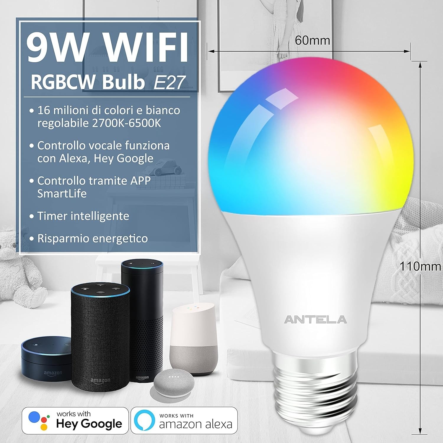 ANTELA Lampadine LED Alexa E27 Smart WiFi 9W 2 Pezzi RGB Luce Calda Fredda