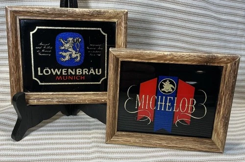 Vintage Pair LOWENBRAU and MICHELOB Special Beer Glass Signs 5.75”x4.75” Mini 💙