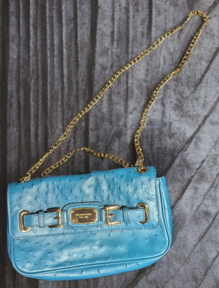 Cartera Bolso de Hombro Michael Kors Azul Avestruz Cuero Repujado Pequeño Bolso de Mano  Foto 2 de 4