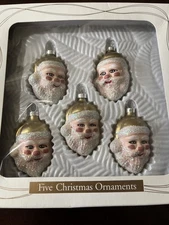 Vintage 1997 Bradford Glass Santa Head Christmas Ornaments 4 in box