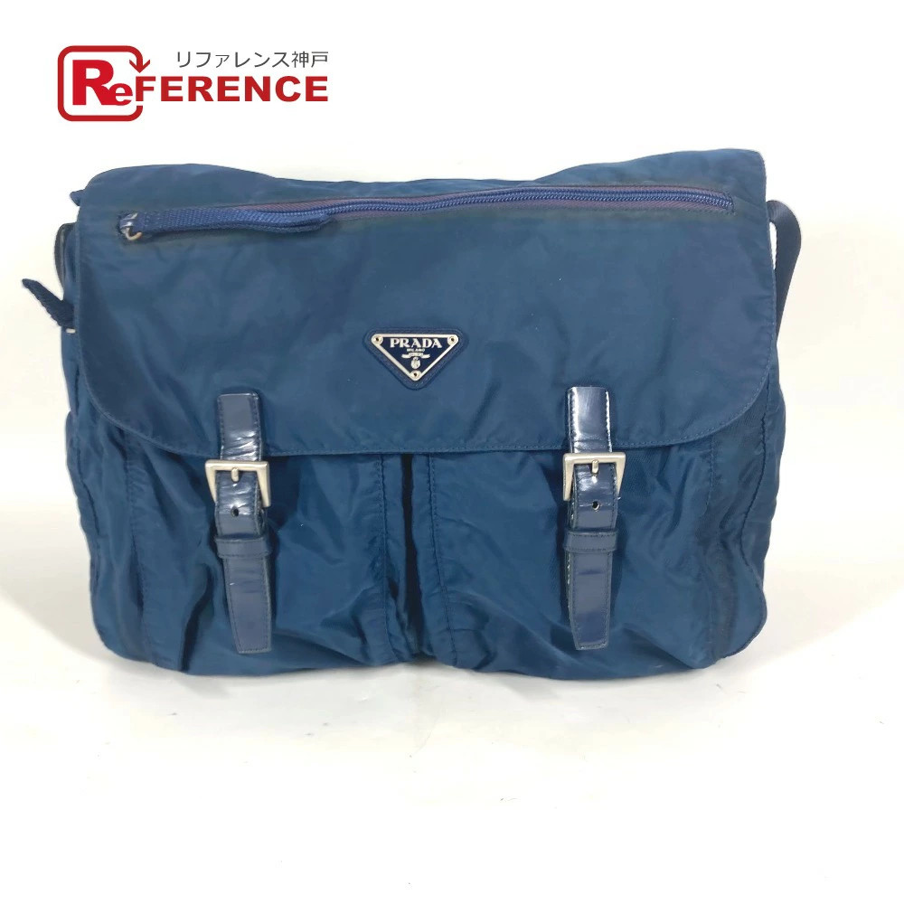 Y0813 Prada B1738 Triangle Logo Plate Bag Cross Body Shoulder Nylon Women Blue U