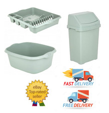 SAGE GREEN 3 PIECE KITCHEN SET 8L BIN DISH DRAINER & RECTANGLE WASHING UP BOWL