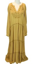 OLD NAVY Tiered Embroidered Peasant Maxi Dress XL Boho Fairy Mustard Long Sleeve