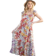 JODIFL Floral Ruffle Strap Tiered Maxi Dress Plus 1X Multicolor Pockets