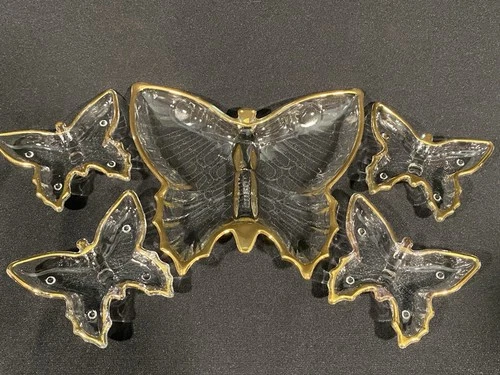 Vintage Gold Rim BUTTERFLY 🦋 Shaped Glass Candy or Nut Dish MCM 5 PC Set