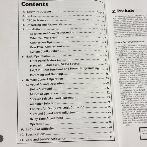 ORIGINAL - NOT A COPY - Carver CT-26v A/V Preamplifier Tuner Users Owners Manual - Picture 11 of 24
