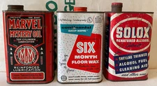 3 VIntage Marvel Mystery Oil Can Solox Denatured Solvent Six Month Floor Wax Can