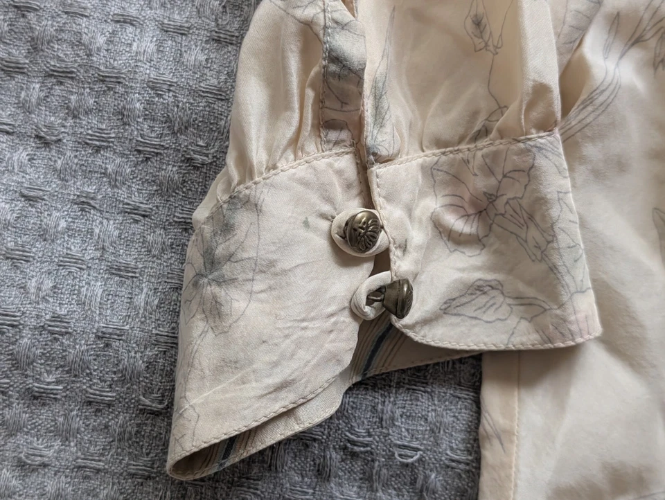 Top Edun Mujer Medio Beige Azul Rayas Seda Popover Manga Corta Banda Cuello Foto 4 de 4