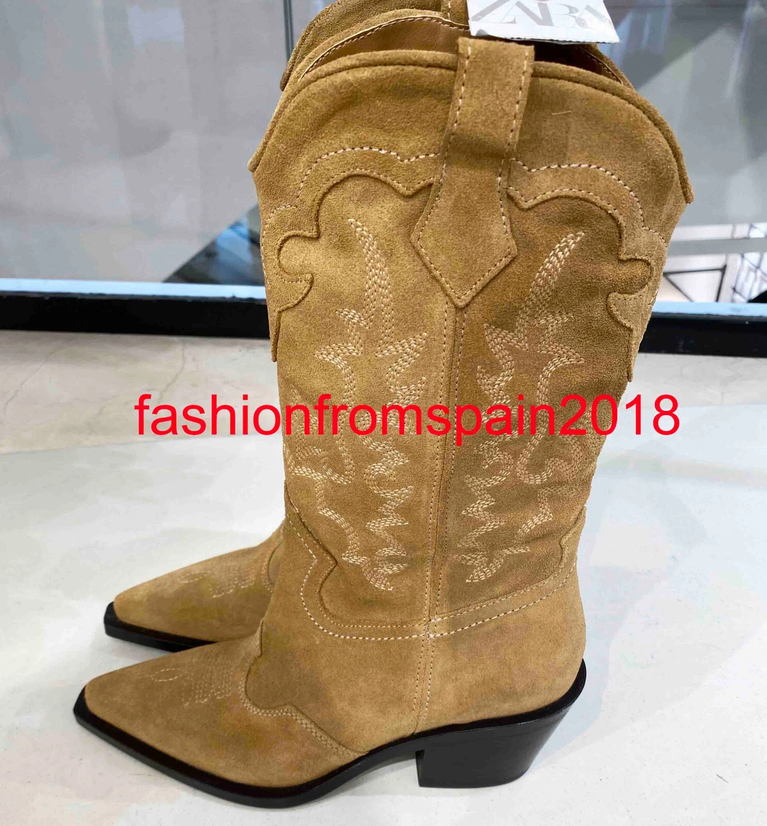 NOUVELLES BOTTES DE COWBOY FEMME ZARA EN DAIM FENDU MARRON MOYEN