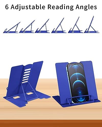 Small Desk Book Stand Metal Reading Rest Book Holder Adjustable Deep Blue - Picture 6 of 8