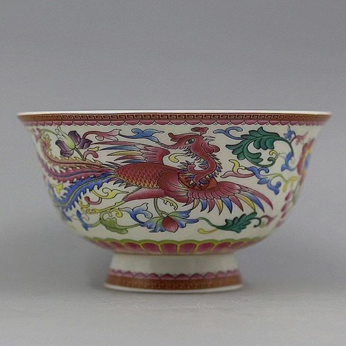 Antiguo cuenco de arroz chino de dragón y fénix de la dinastía Qing antiguo - Imagen 6 de 8