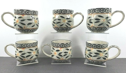 6 Temptations Tara Old World Black 12 Oz Mugs Set Floral Coffee Drinking Cup Lot