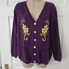 Odd Molly Embroidered Cardigan Size 3 Large Purple & Yellow Cotton Made In USA