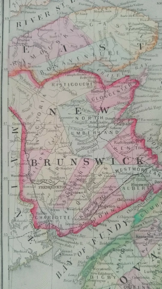 Mapa antiguo de las Marítimas Canadienses de 1867 Nuevo Brunswick Nueva Escocia coloreado a mano Foto 4 de 4