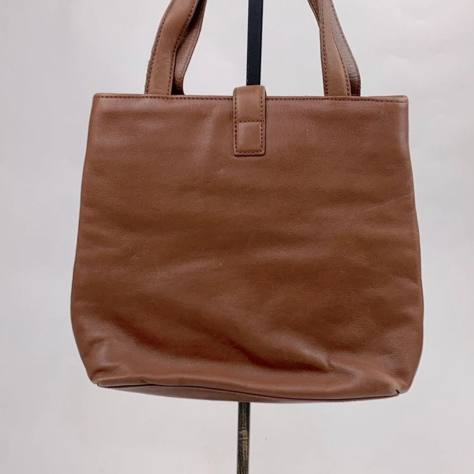 Vintage Ralph Lauren Leather Saddlers Handbag Brown Silver RL Green plaid Lined - Image 3 of 4