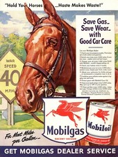 1945 WW2 AD MOBILGAS & OIL Save gas Save wear War Speed 40 mph Great ad! 080419